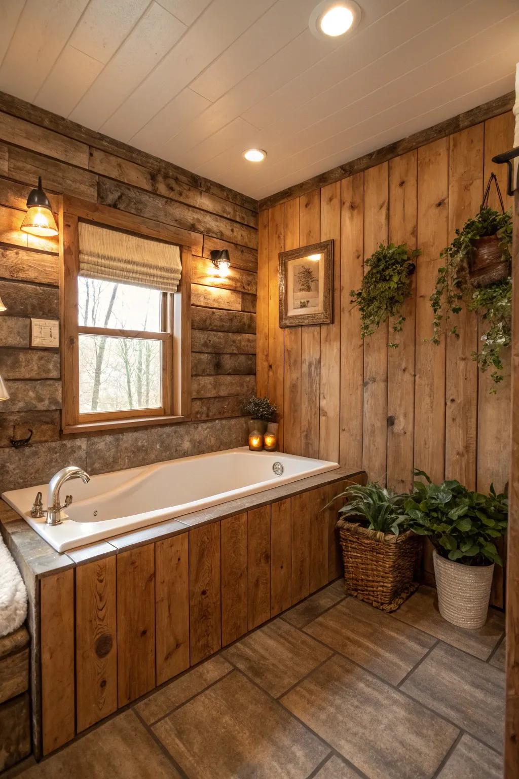 Timber-look coverings deliver a rustic charm while being practical for a bathroom.