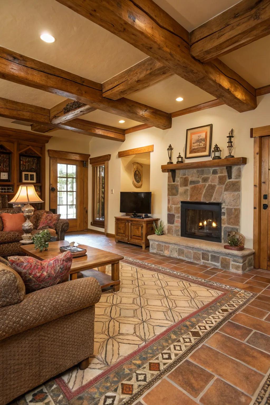 Wooden trims contribute warmth and a rustic feel to tiled spaces.