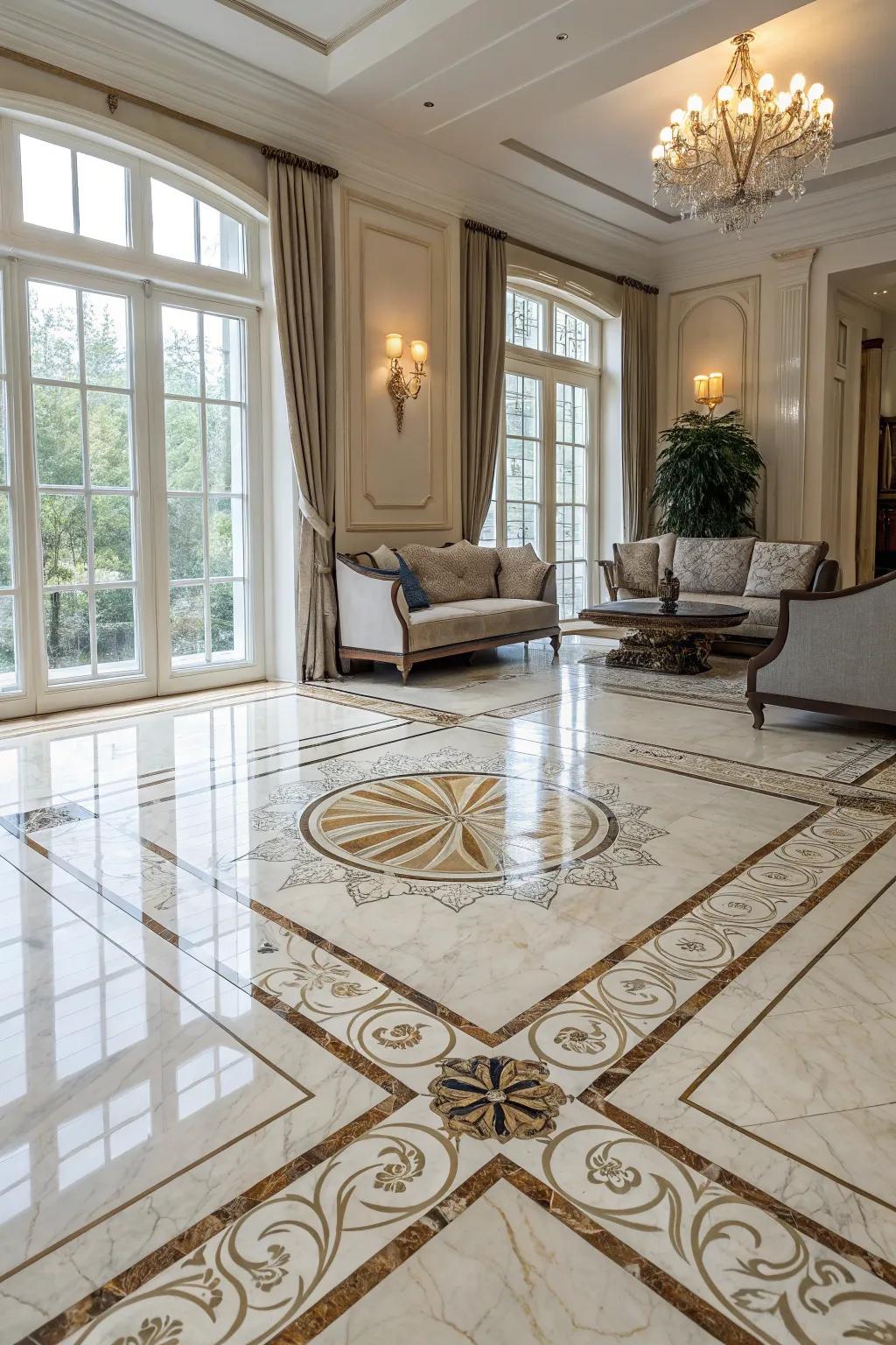 The Versailles pattern brings a touch of luxury to this expansive living area.