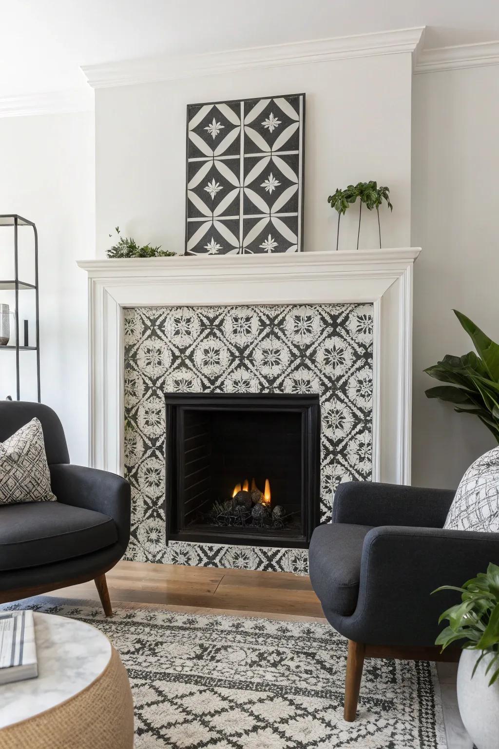 A monochrome scheme crafts a chic and minimalist fireplace.