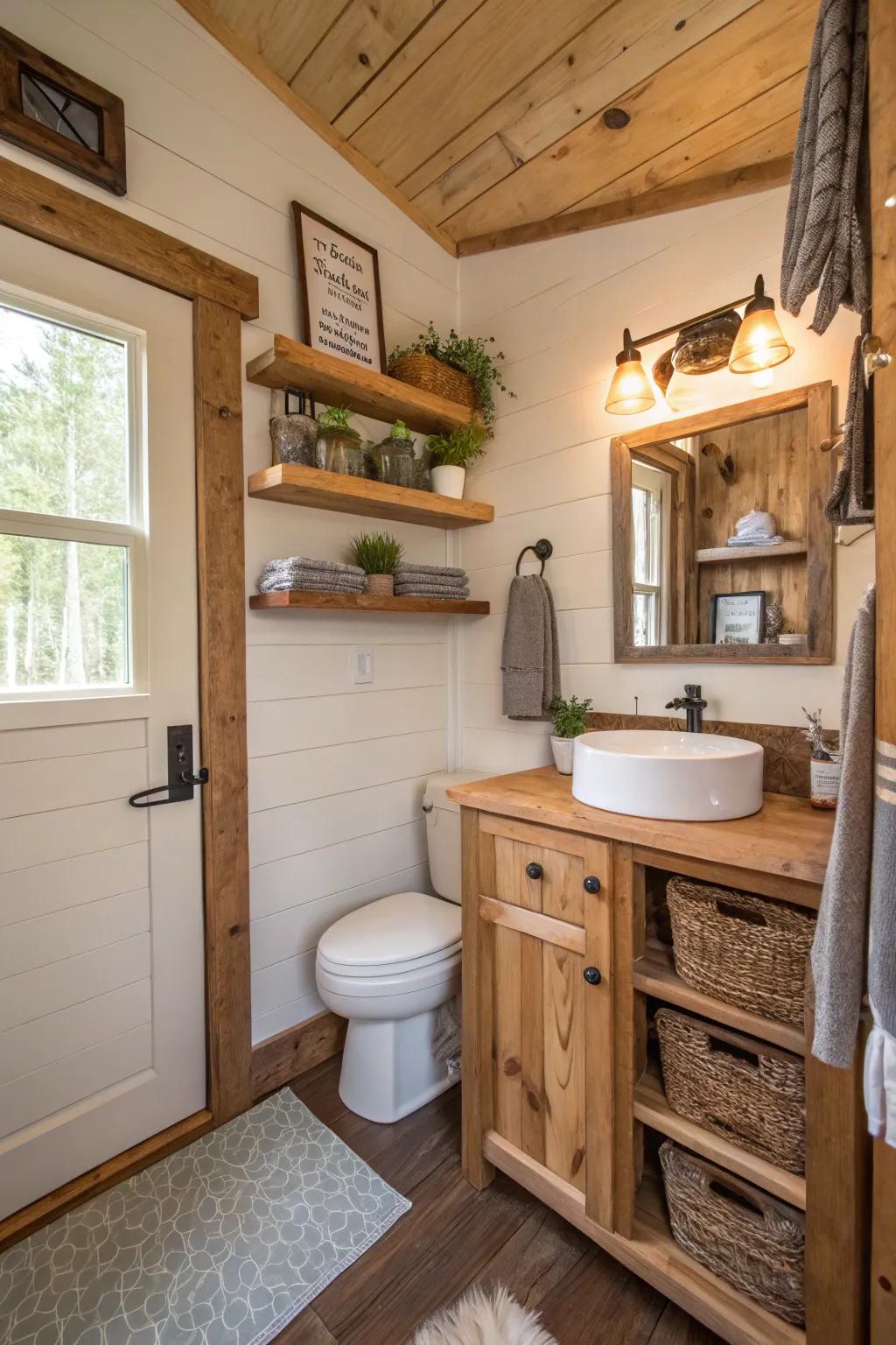 Rustic wood accents bring warmth to this tiny bathroom.