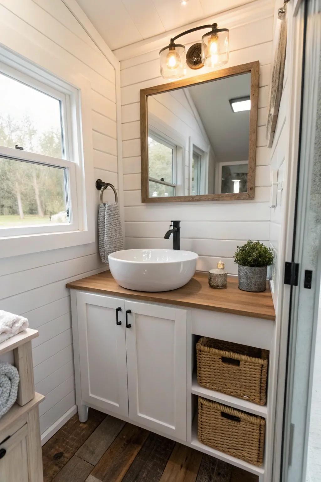 A stylish countertop basin making a statement in a tiny house bathroom.