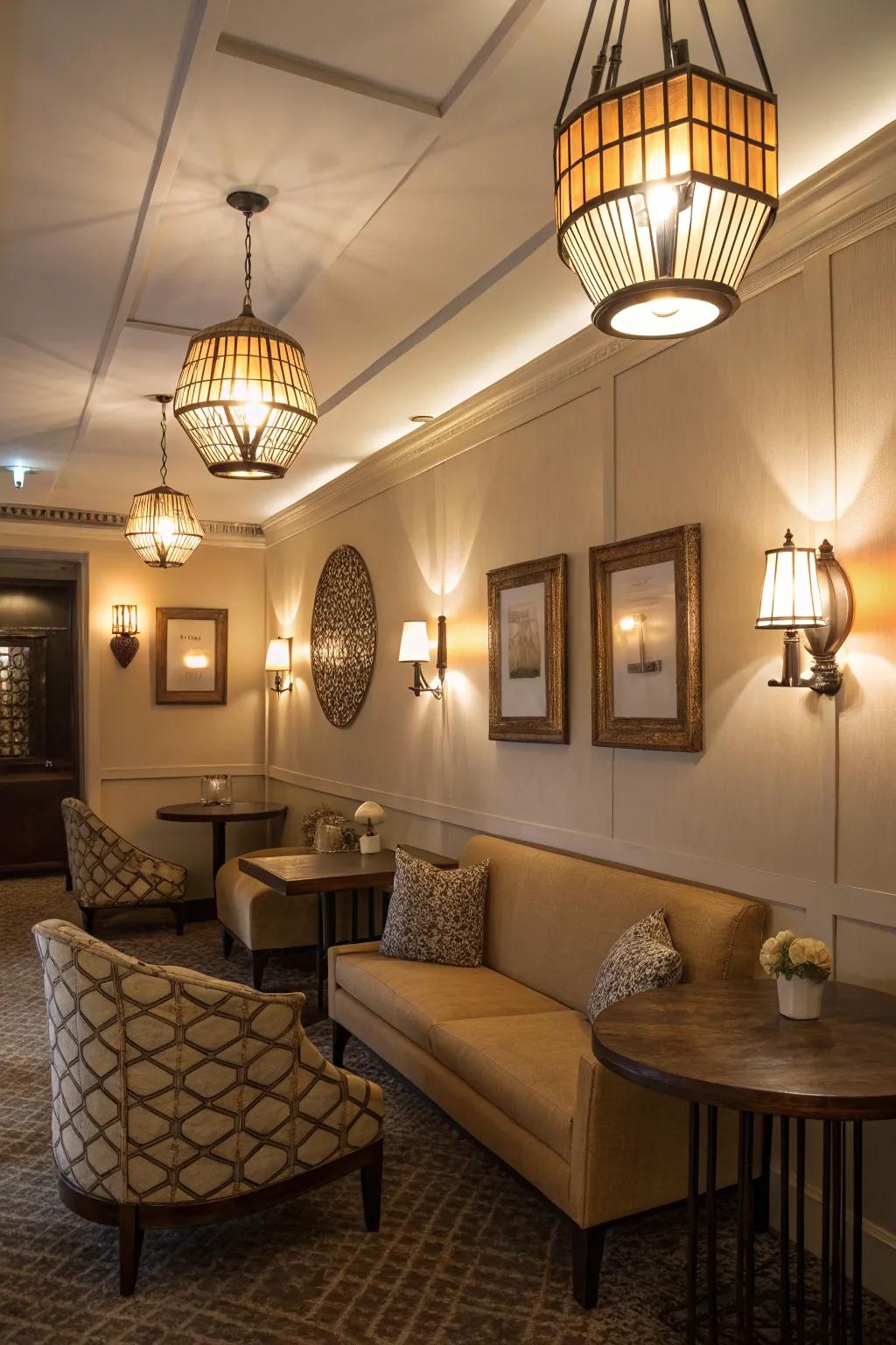 Layered lighting provides depth and coziness to compact rooms.