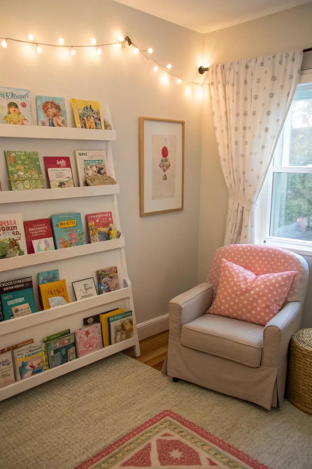 A charming reading nook beckons your little one to plunge into the realm of stories.