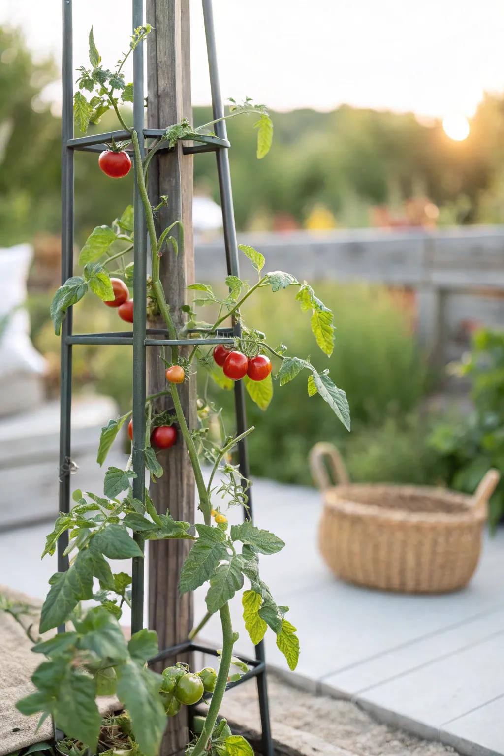 Effortless charm: The steel beam trellis, your go-to for flourishing tomato plants in a minimalist garden.