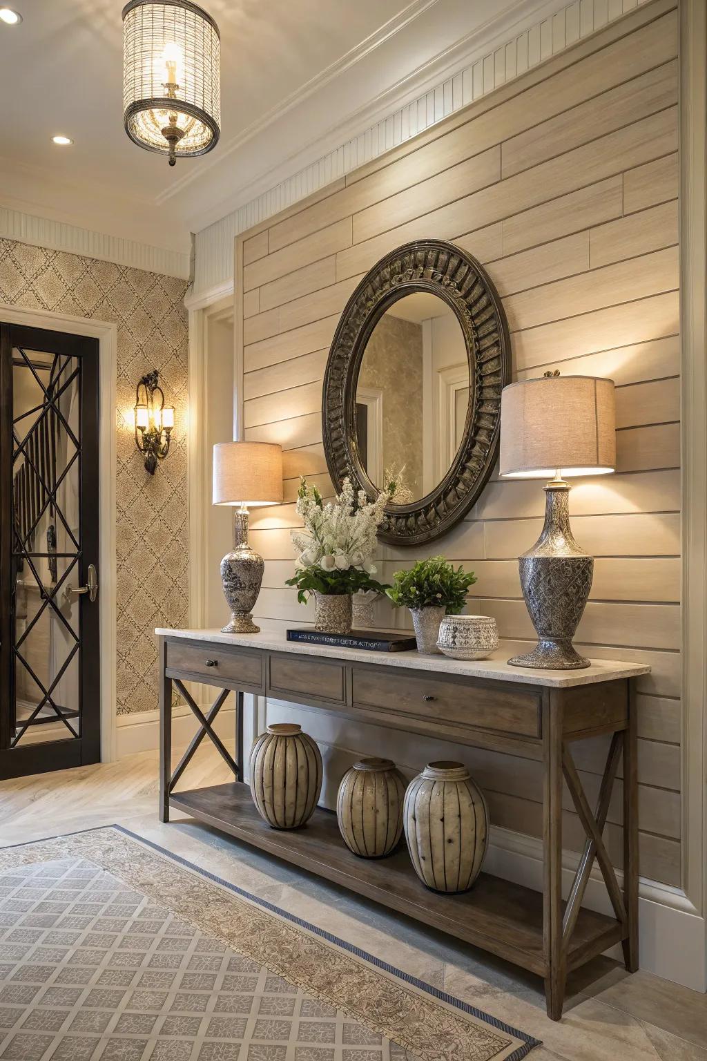 Enhance your entry with the enchanting allure of interlocking plank walls.