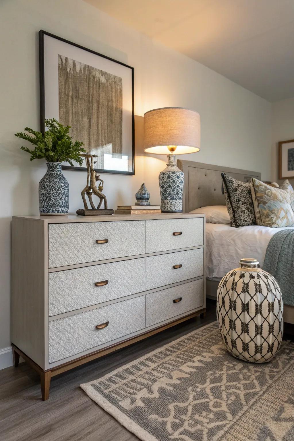 Decorative objects add artistic flair to a dresser.