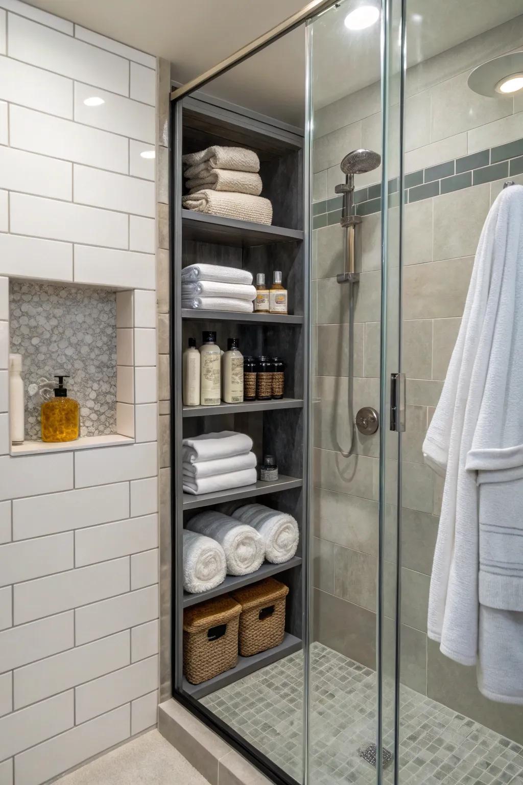 Inset tiering integrates seamlessly into small bathroom designs.