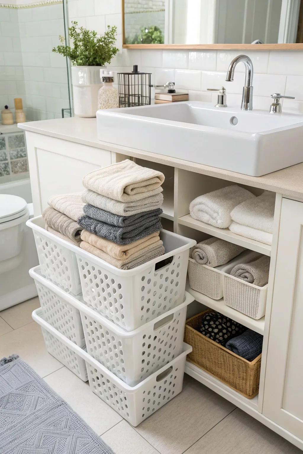 Use under-sink space for hidden towel storage.