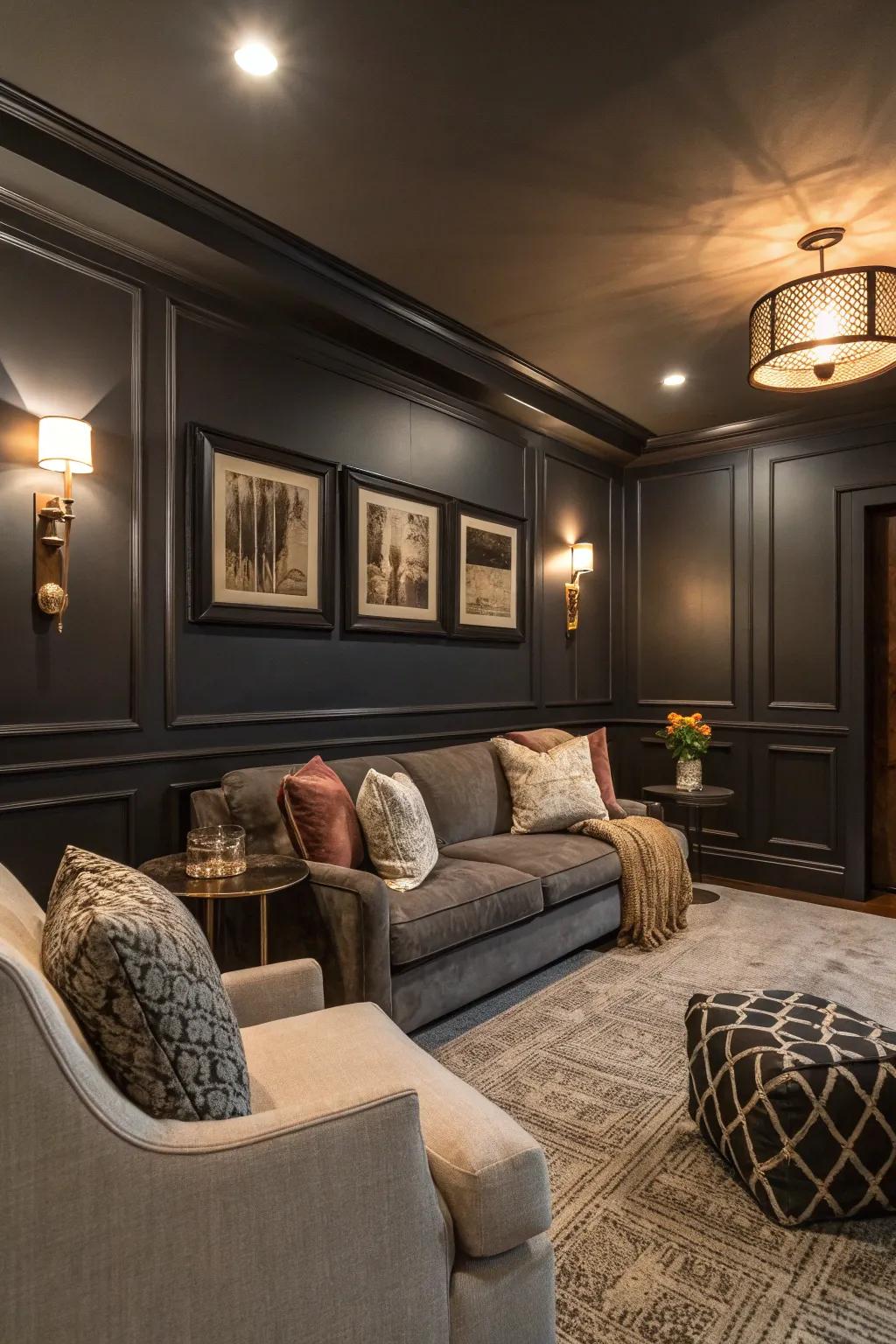 A townhouse hideaway showcasing inky charcoal walls for a showy accent.