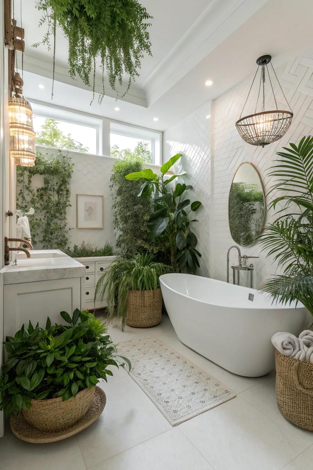 A white bathroom brought to life through rich green plants, injecting a renewing element.