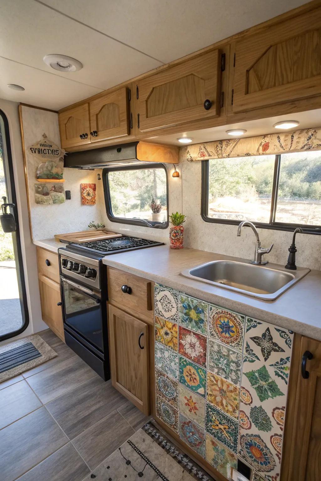 Personal art on your backsplash adds a unique touch to your RV kitchen.