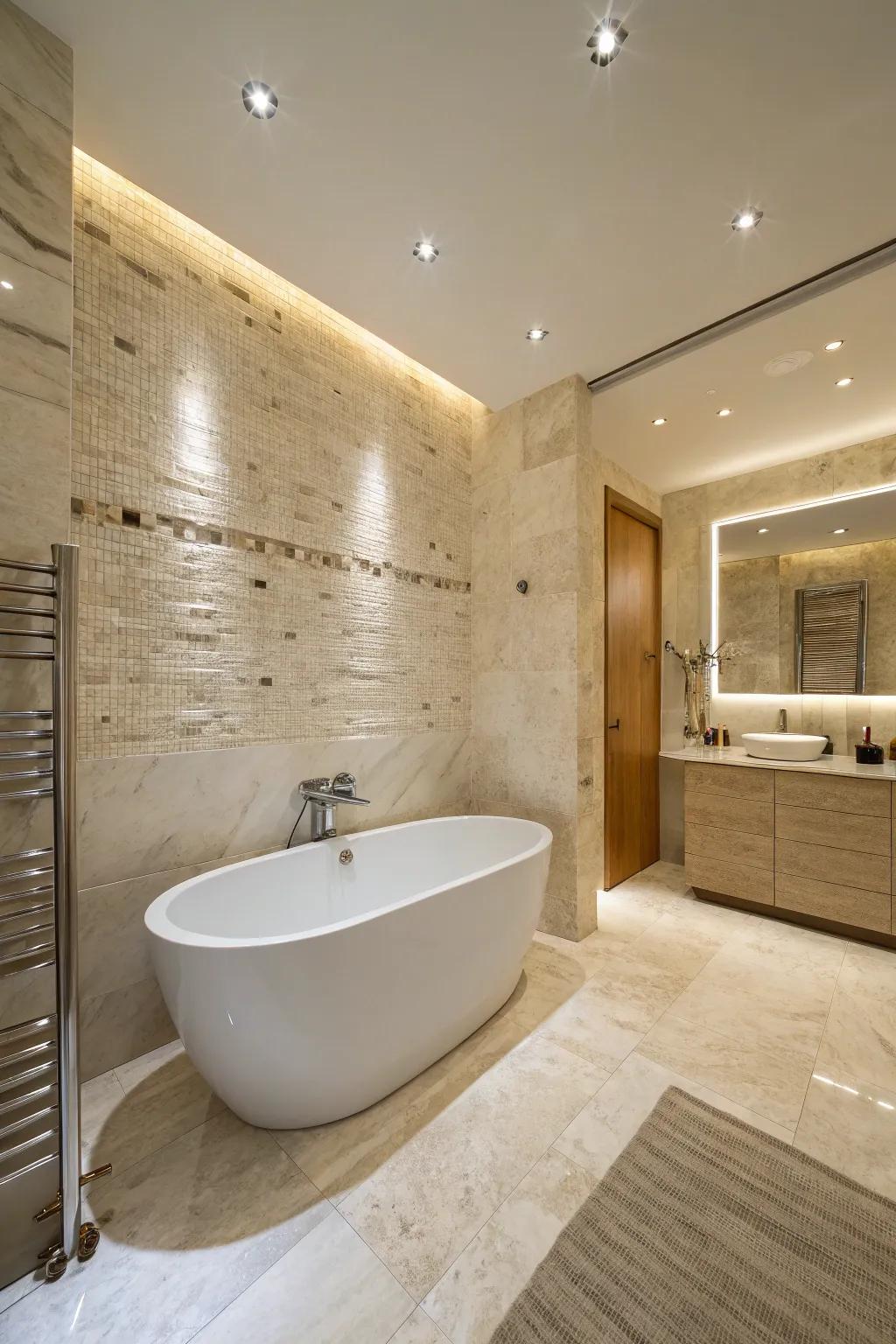 A peaceful travertine bathroom features ambient lighting that enhances the stone's natural textures.