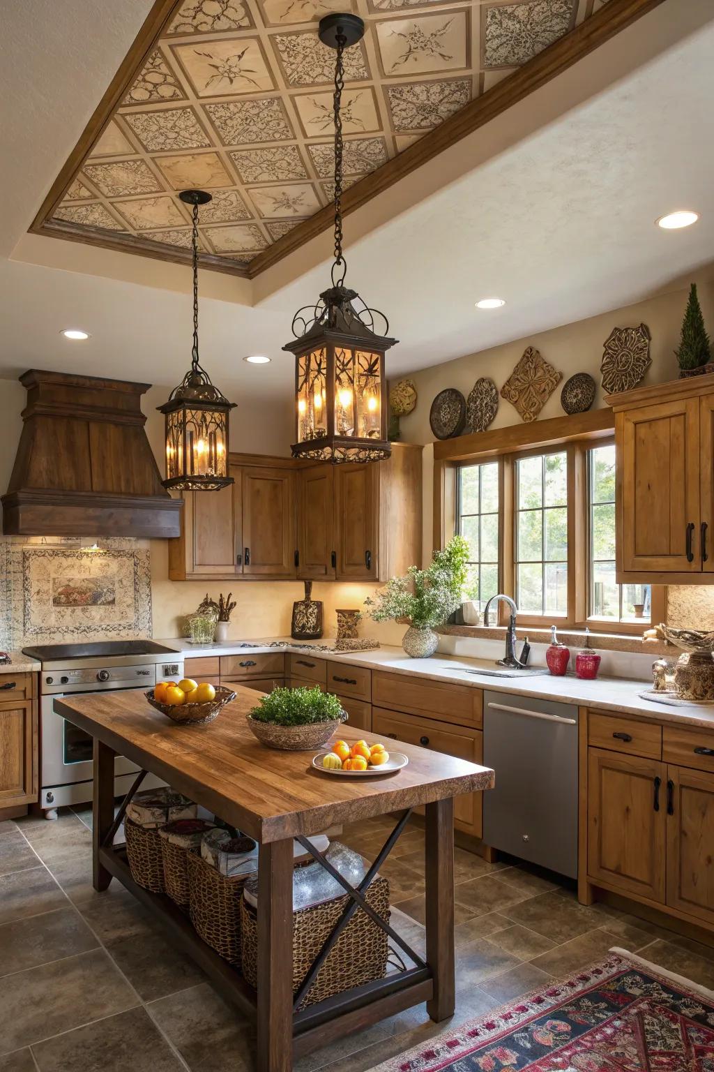A welcoming kitchen showcasing distinctive drop lights in the tray ceiling.