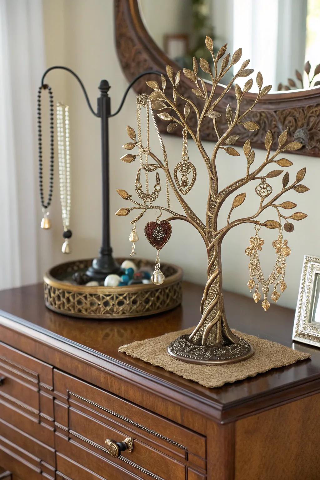 An elegant Eternal Tree jewelry stand keeps treasures organized on a dresser.