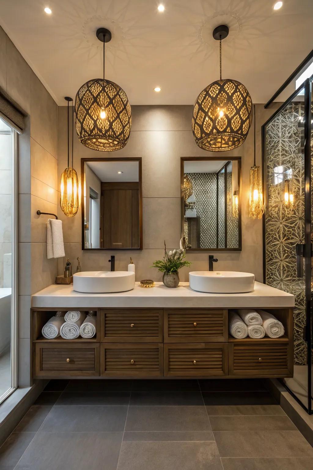 Above the vanity in this bathroom, eclectic lighting generates a cozy and welcoming atmosphere.