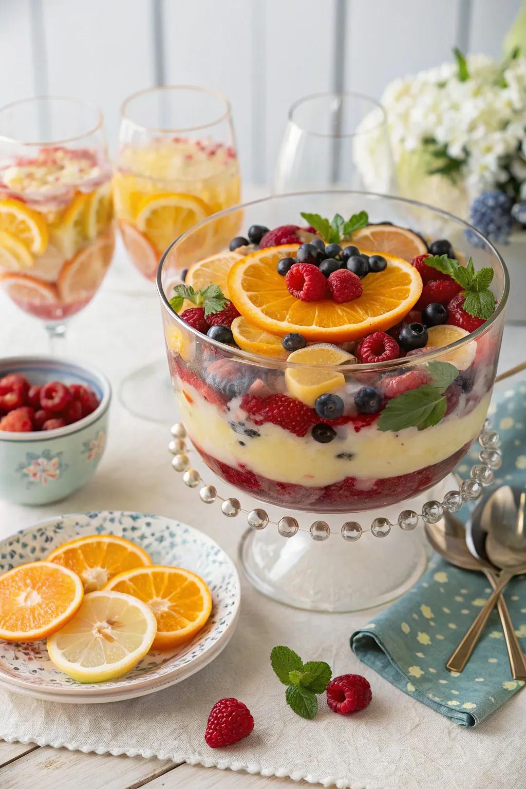 A dessert bowl serving as a lively party drink centerpiece.