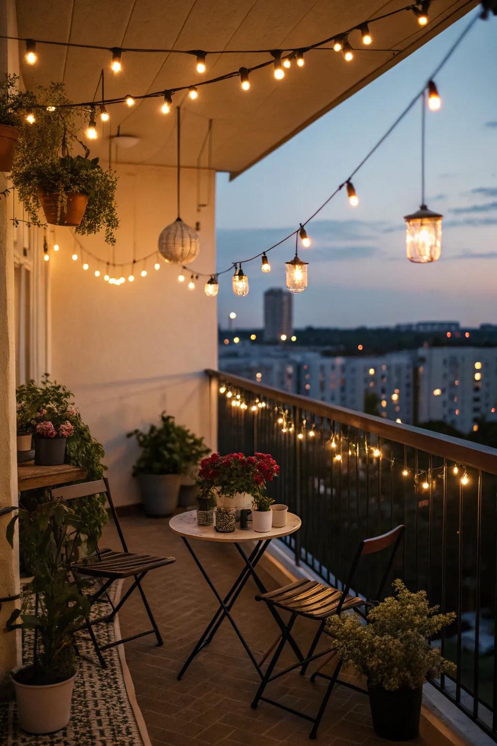 Elevate your balcony with charming string lights for nocturnal relaxation.