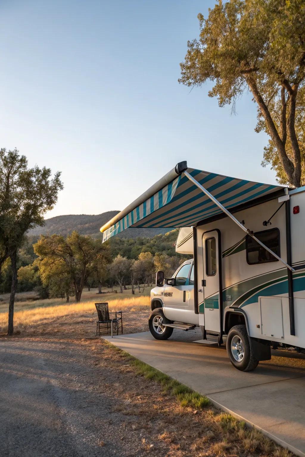 A color-coordinated awning blending seamlessly with the camper.