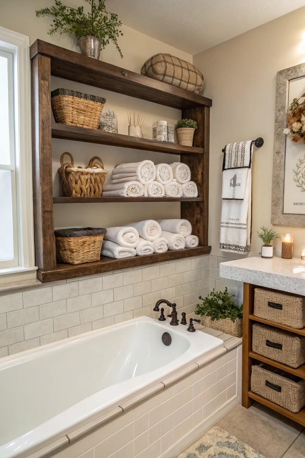 A tub deck featuring built-in shelving for fashionable and practical storage.