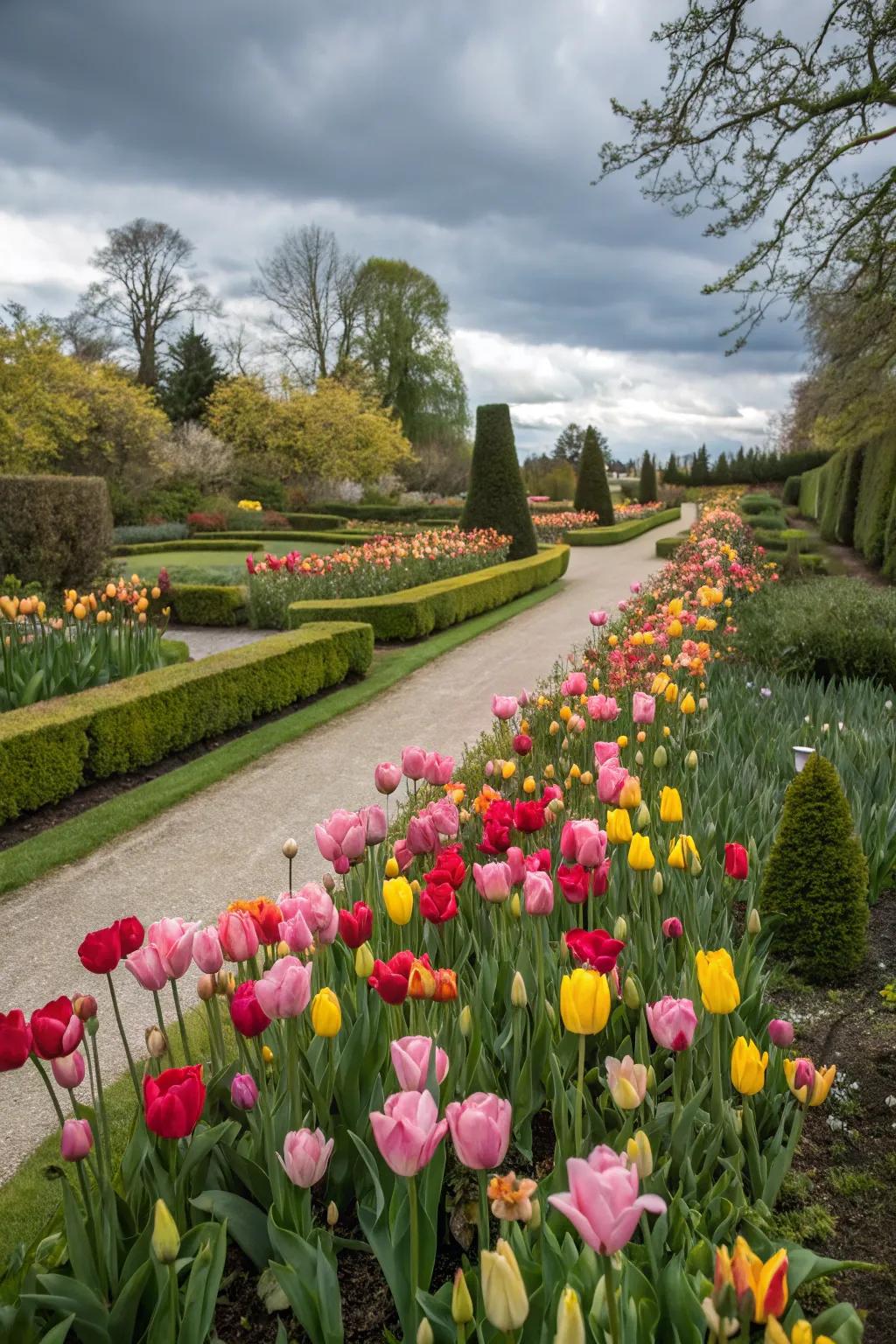 A garden celebrating spring with tulips as the centerpiece, announcing a new season of growth.
