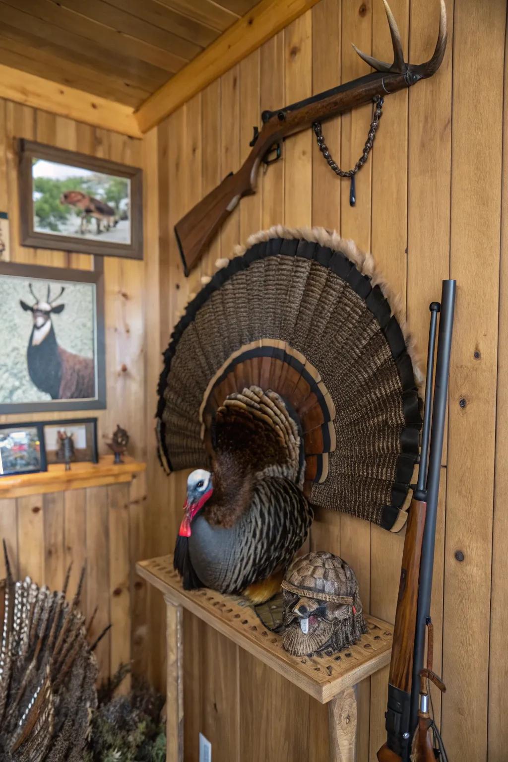 Tassels and thorns infuse additional flair into a turkey fan mount.