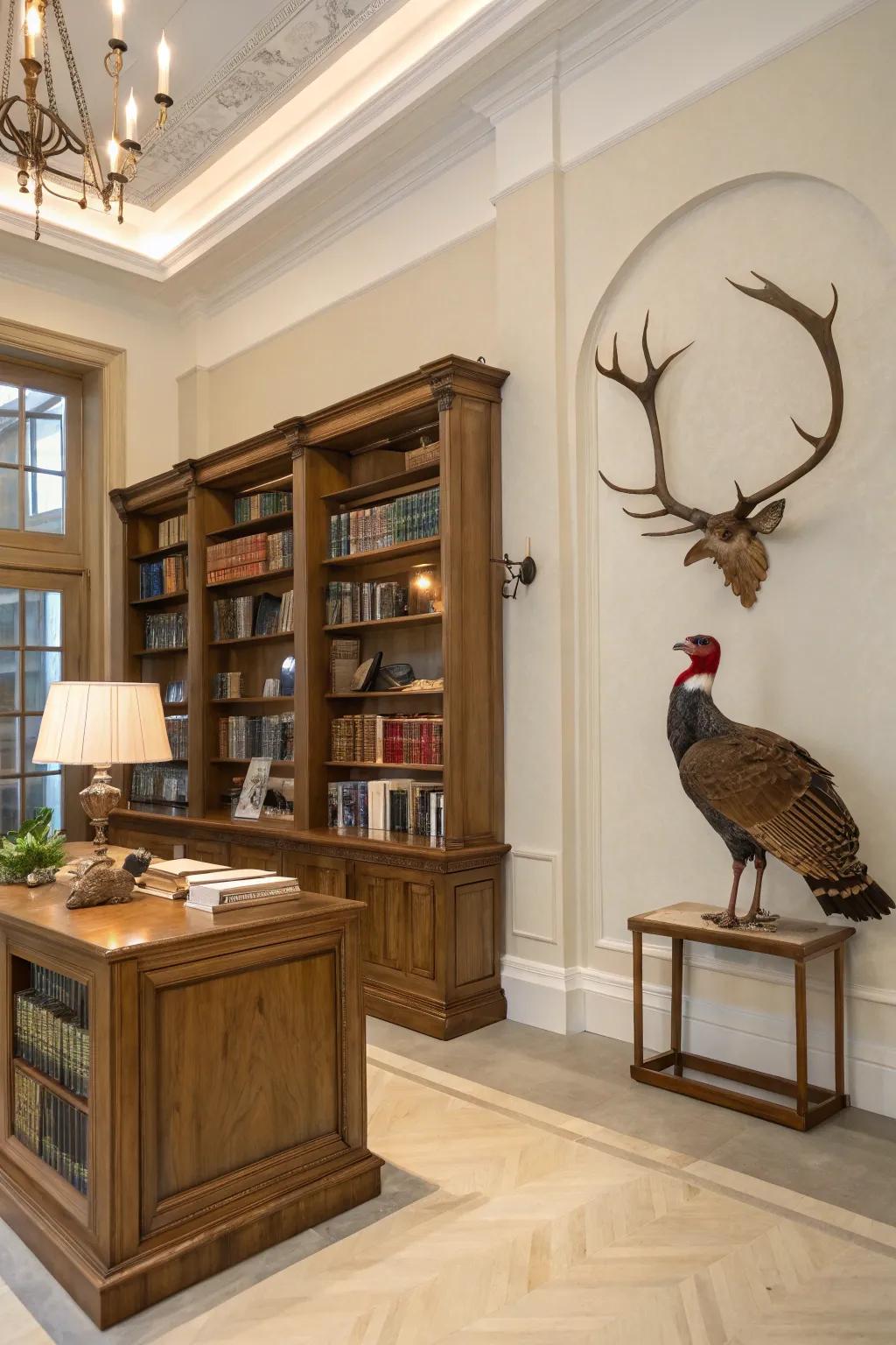 A sophisticated presentation blending wild fowl displays with horns.