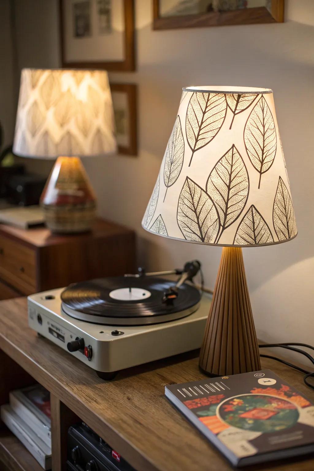 An ornamental lamp adding personality to a record player setup.