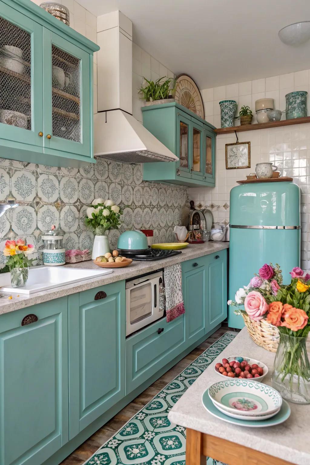 Diverse design elements incorporating charm to a turquoise kitchen.