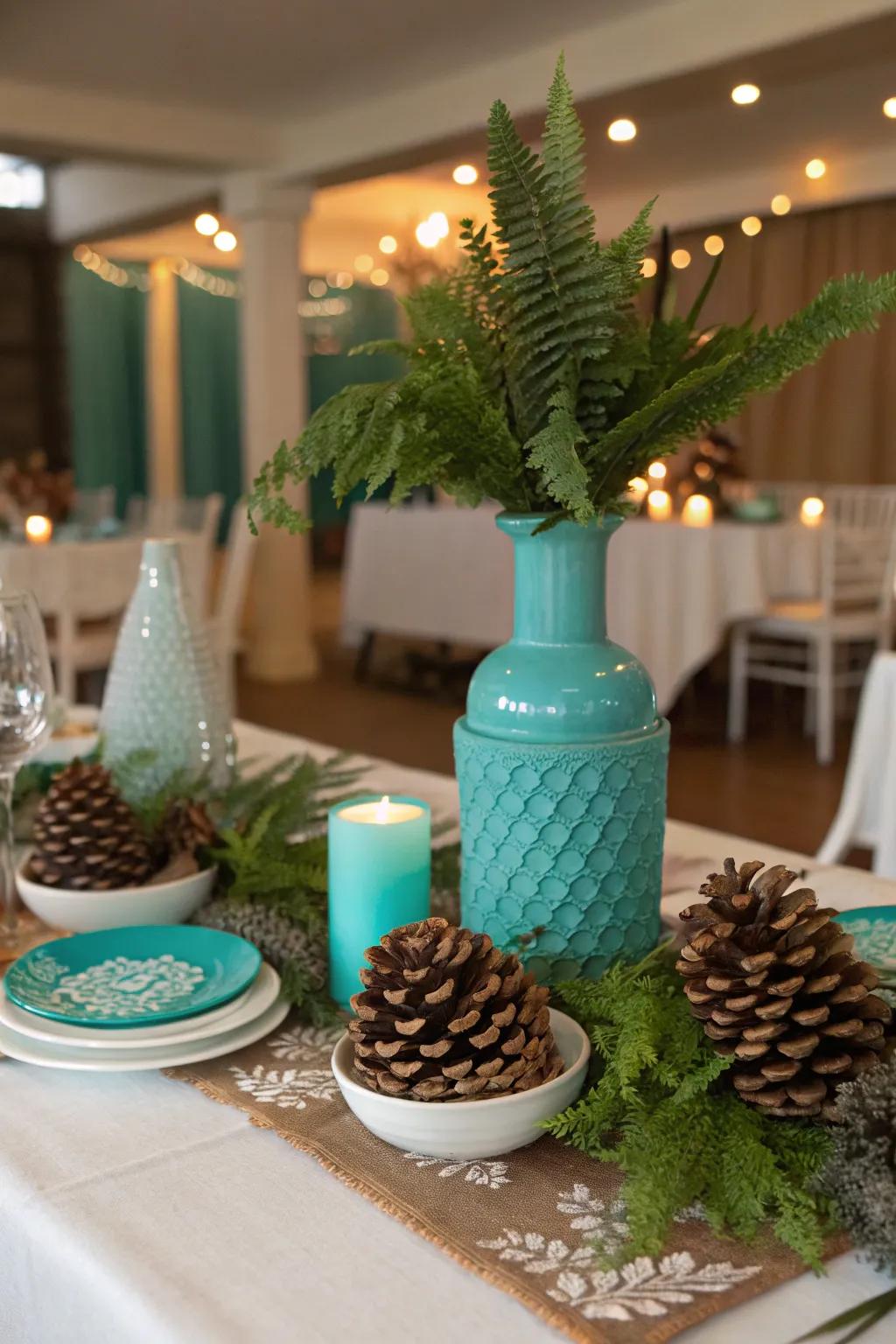 Seasonal accents like pinecones merge nature with elegance.