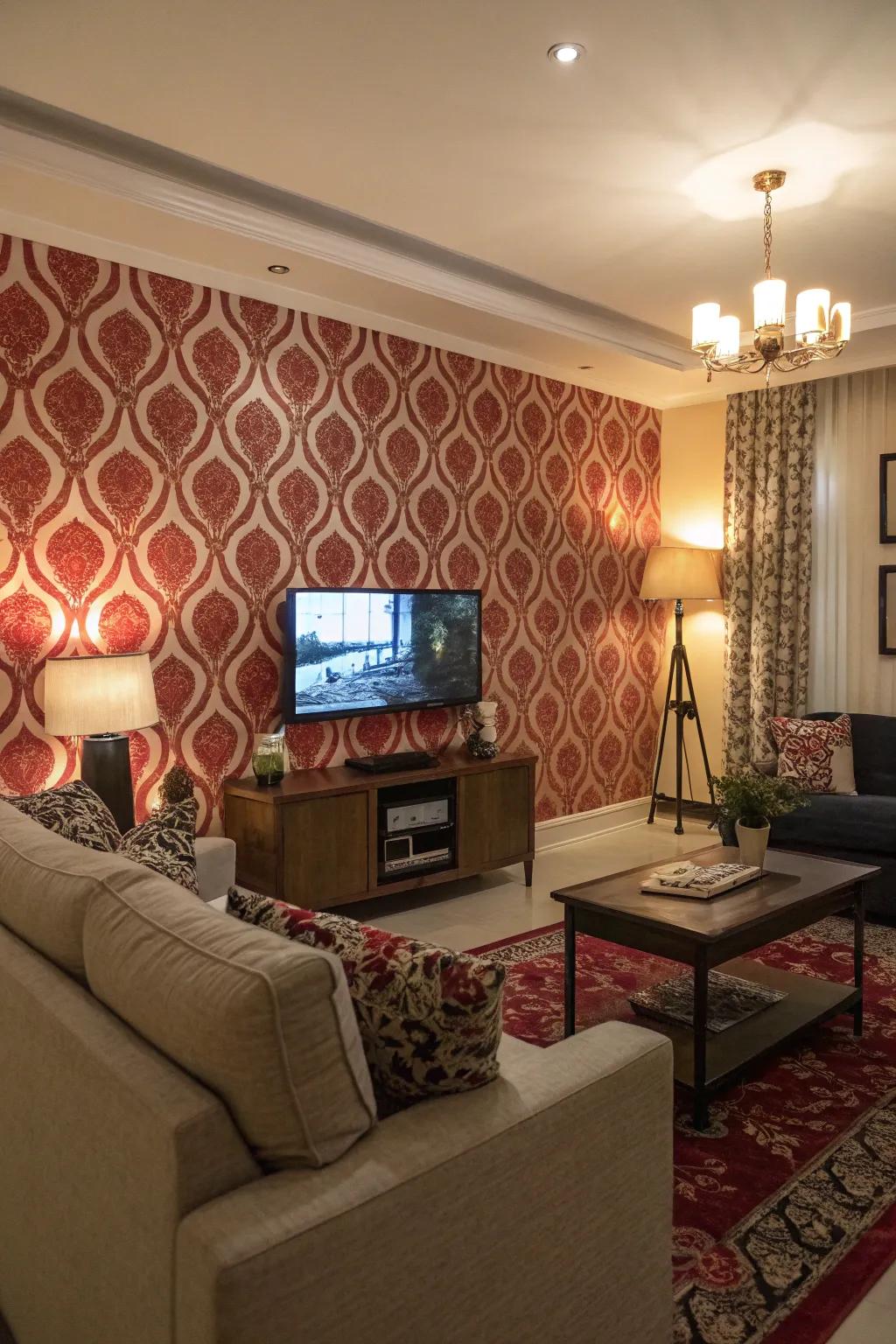 Patterned wallpaper adds dynamic texture to this TV feature wall.