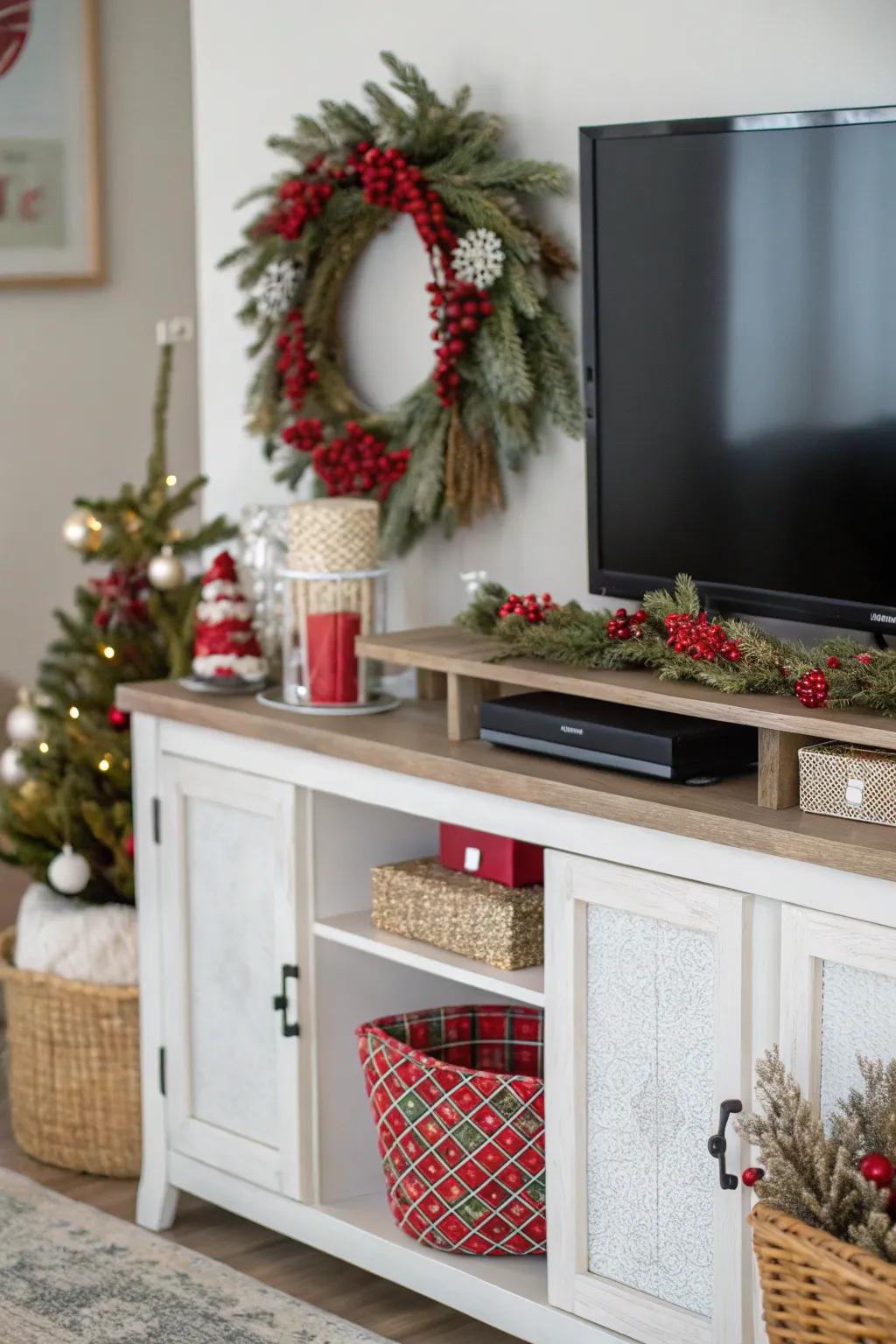 Seasonal decor keeping your TV stand lively and festive.