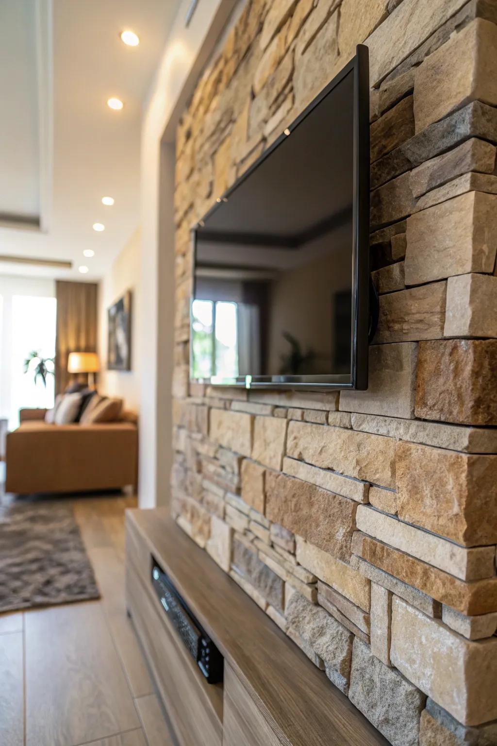 Textured facades incorporate dimension upon this media wall.