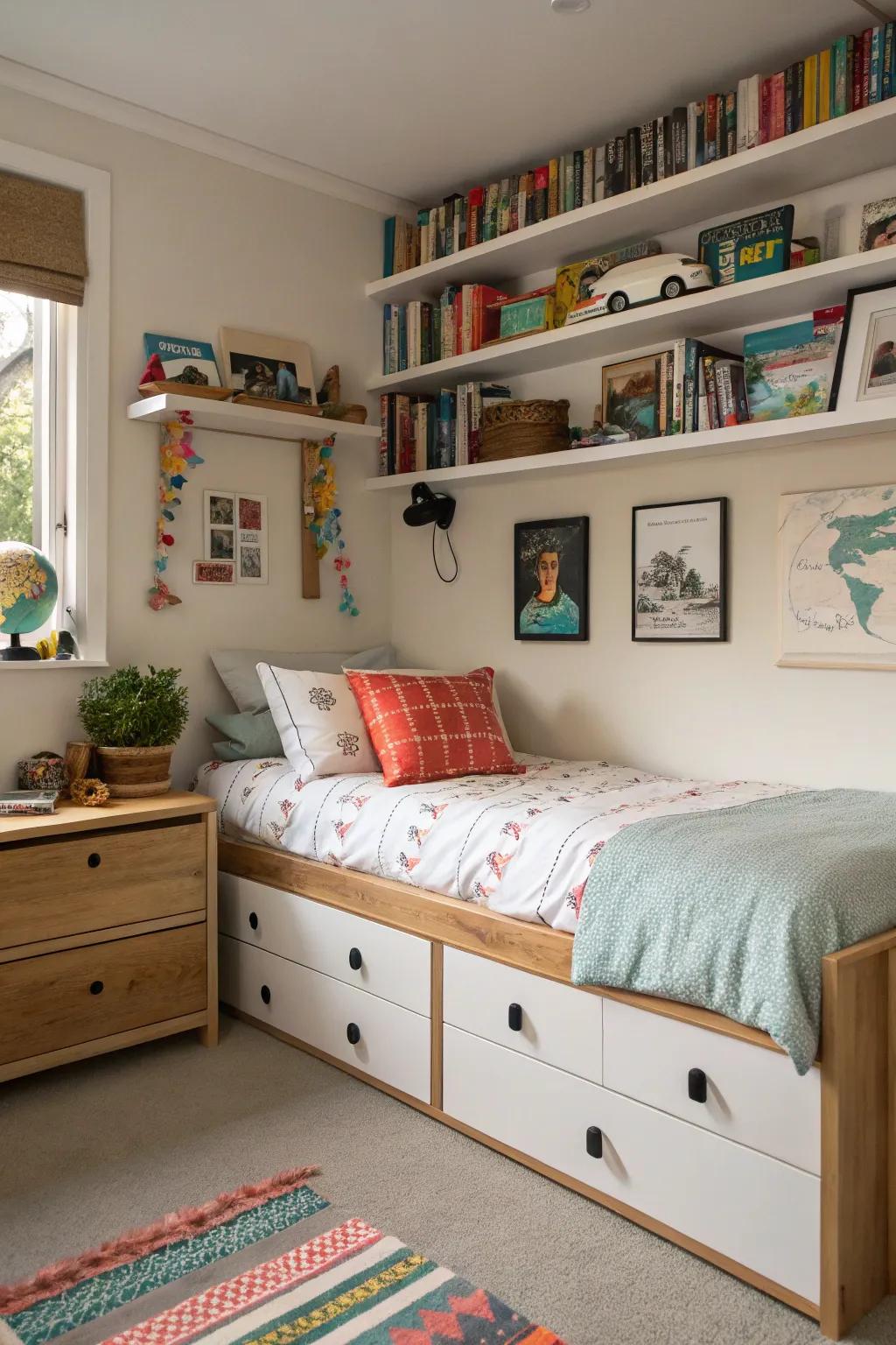 Smart storage solutions keep a tween's room organized and clutter-free, promoting a sense of calm and order.