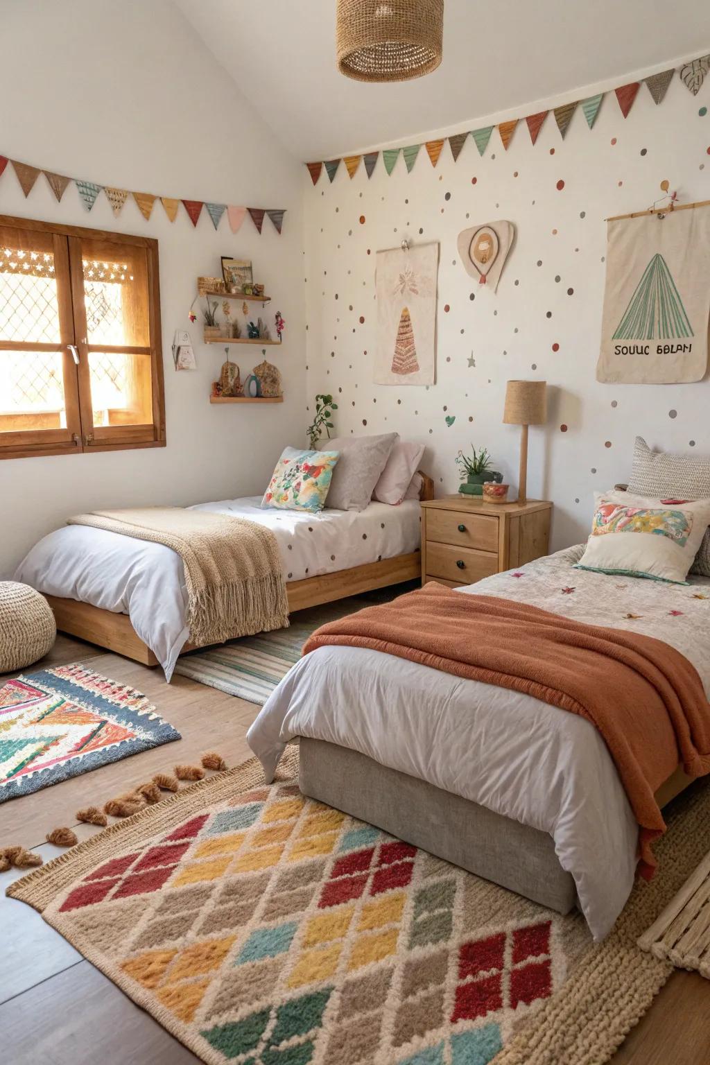 Inviting rugs and textiles inject warmth into the bedroom