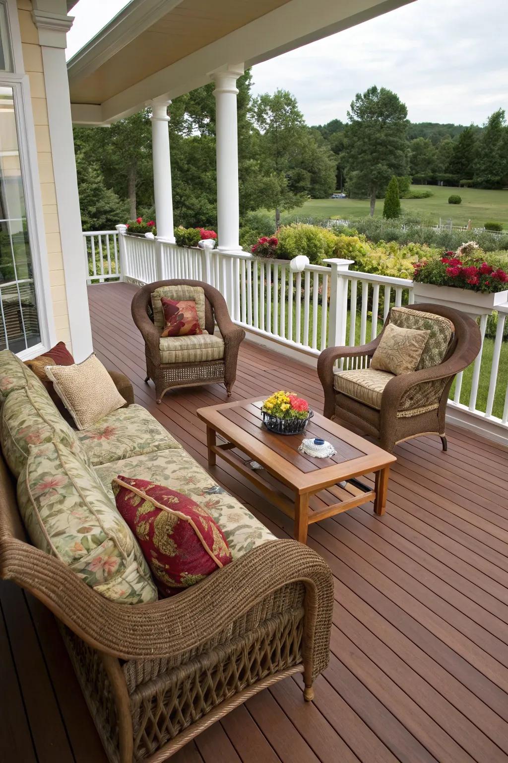 Deep red and cream create a luxurious and sophisticated deck ambiance.