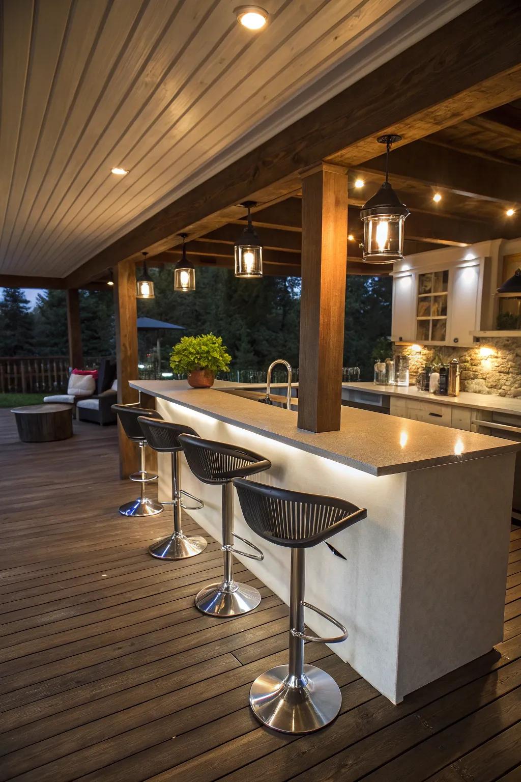 An elegant bar setup under the deck, ready for hosting social gatherings.