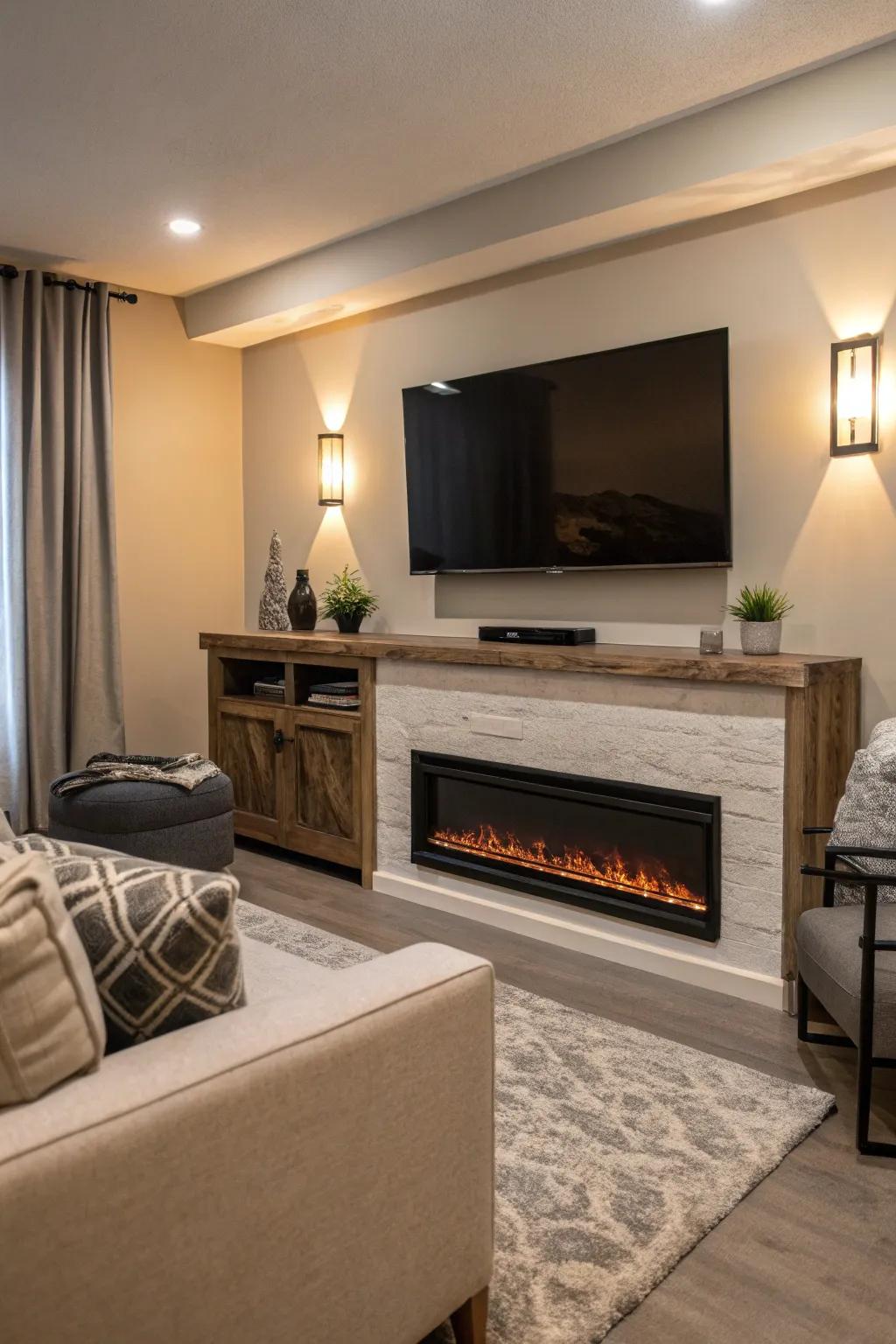 A fireplace under your TV adds warmth and a cozy ambiance.