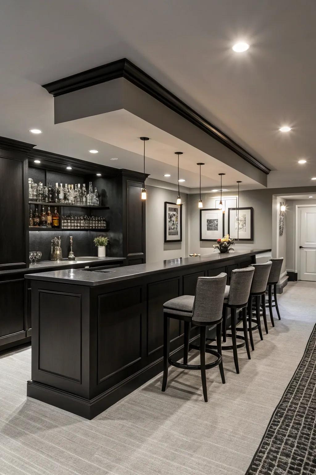 A monochromatic colour scheme creates a sleek, contemporary bar atmosphere.