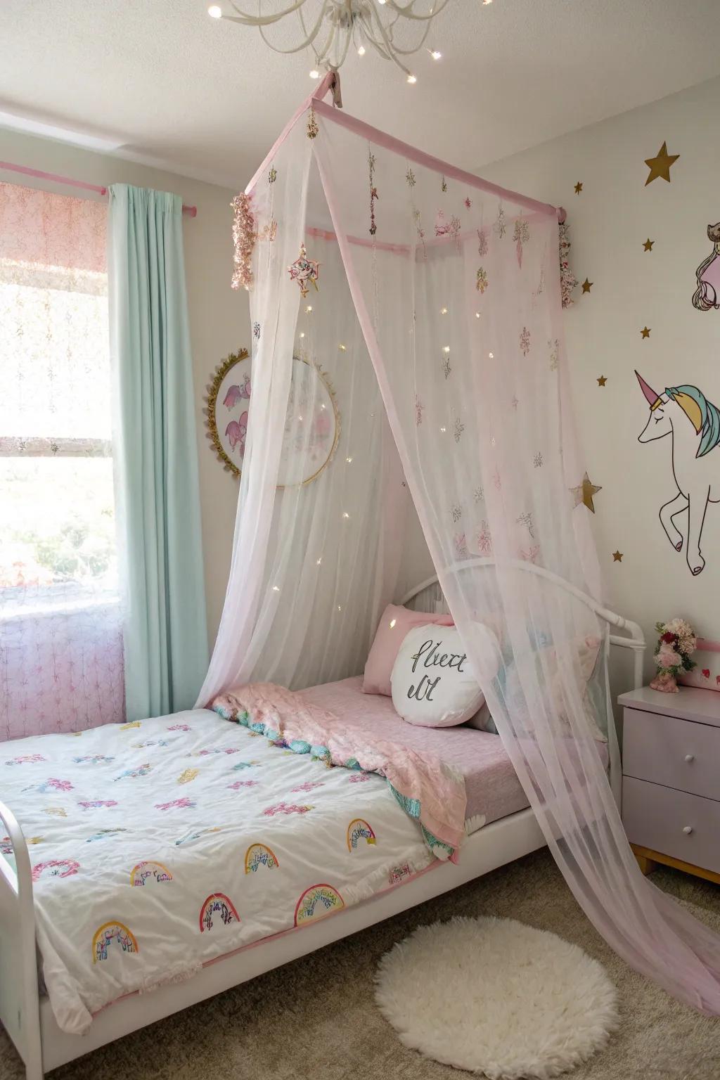 A bed with a magical drape creating a royal feel in a room with a magical creature theme.