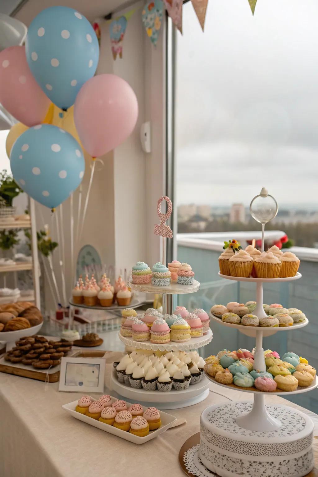 A dessert station featuring themed treats arranged elegantly on tiered stands.