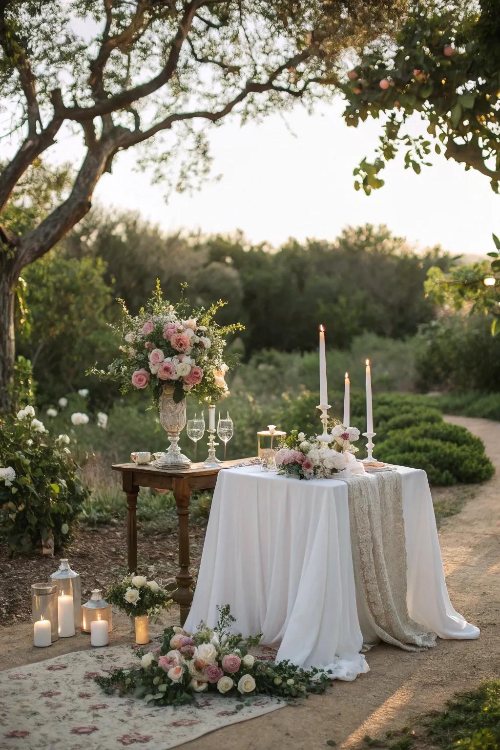 An outdoor garden scenery elevates the charm of this unity candle station.