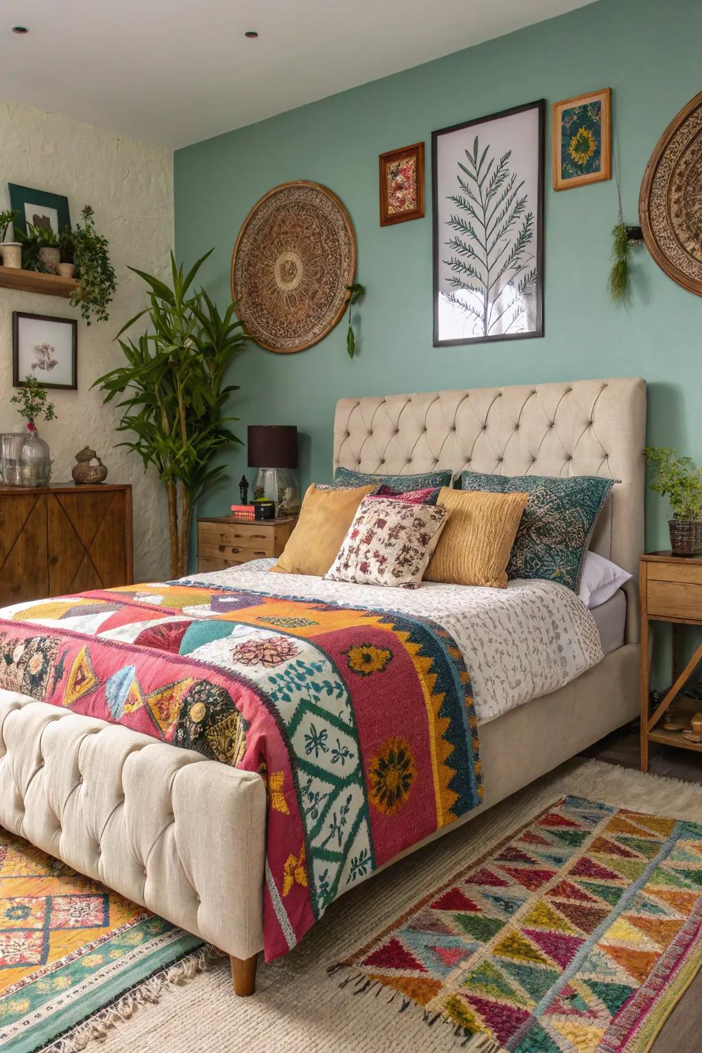 Mixing patterns on this bed delivers vibrant personality to the space.