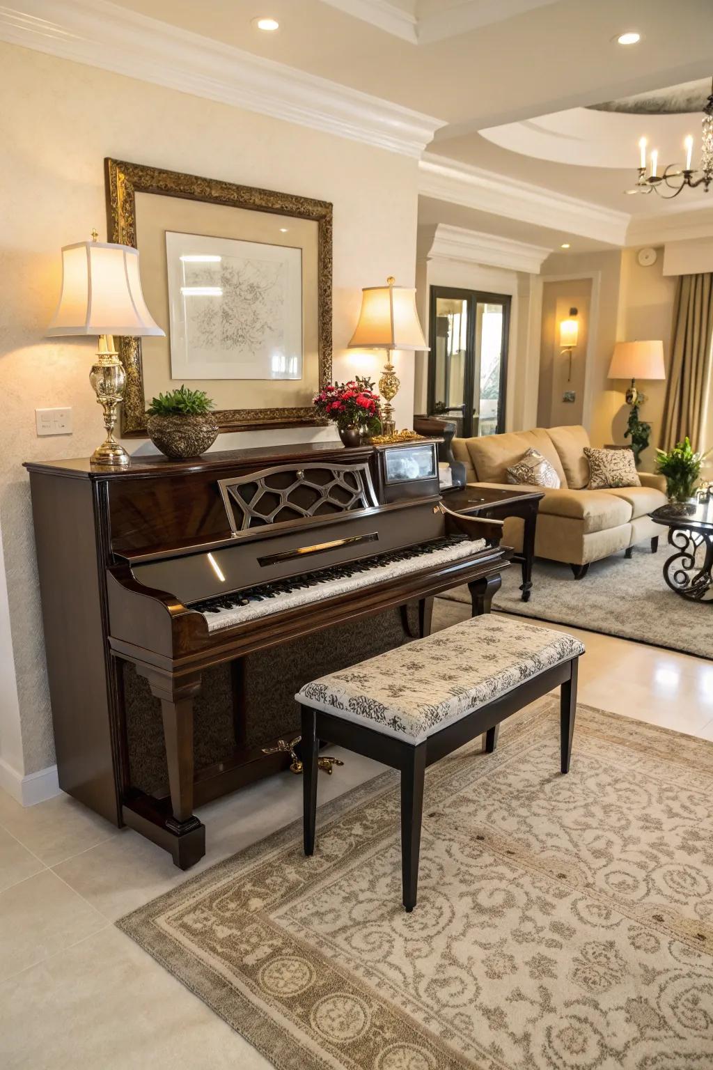 A harmonious living room showcasing an upright piano paired with a stylish, matching bench.