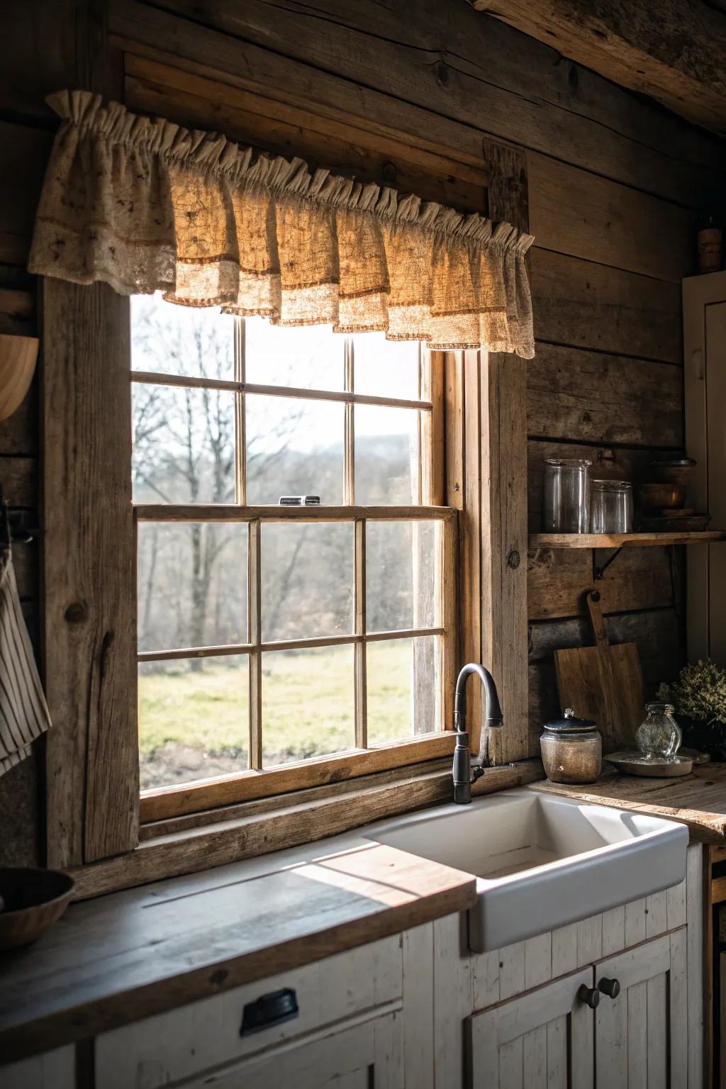 A window displaying a countryside timber board in a rural cooking space.