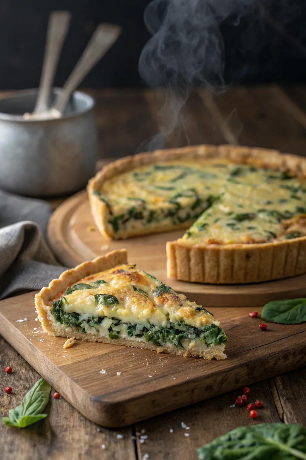 A savory spinach and cheese quiche, perfect for brunch.