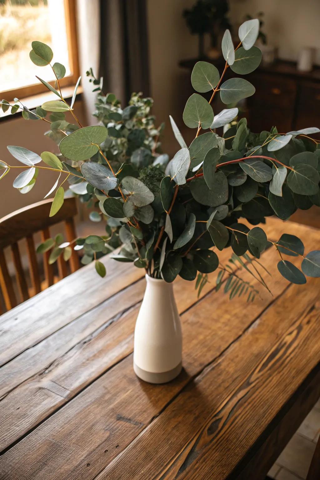 Green elements like eucalyptus inject a refreshing note into your decor.