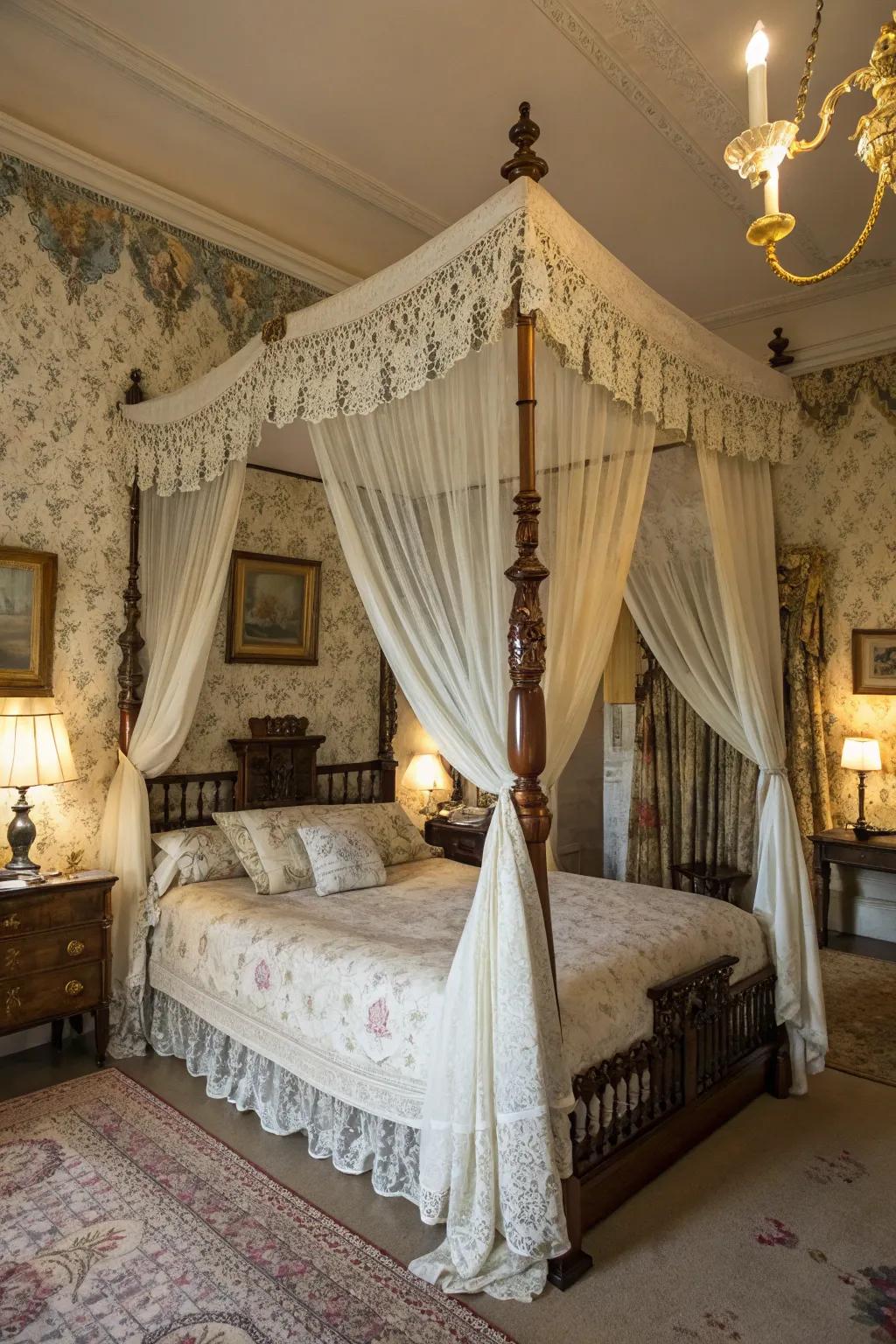 A four-poster bed with a canopy radiates Victorian romance.