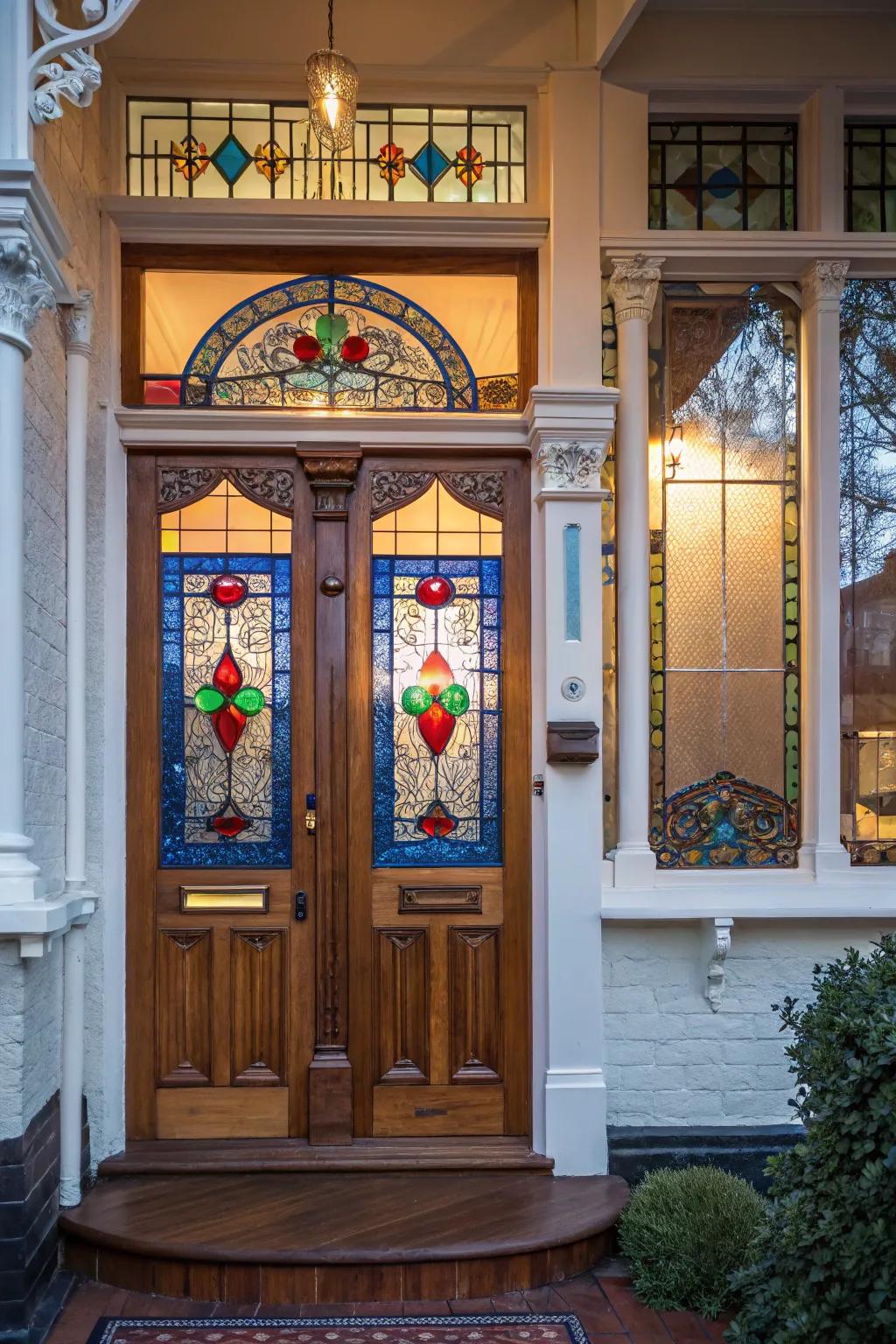 Stained glass inlays add hue and luminosity to this Victorian door.