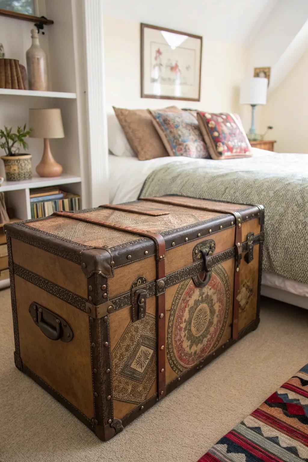 A vintage trunk is used for storage and decor in a cozy bedroom.